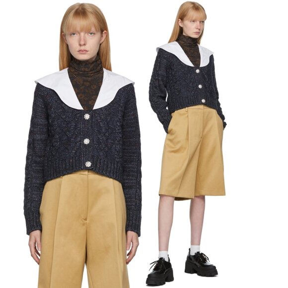 NWT Ganni Cropped Cardigan Sweater Poplin Collar In Sky Captain Cable Knit Wool - Picture 2 of 10